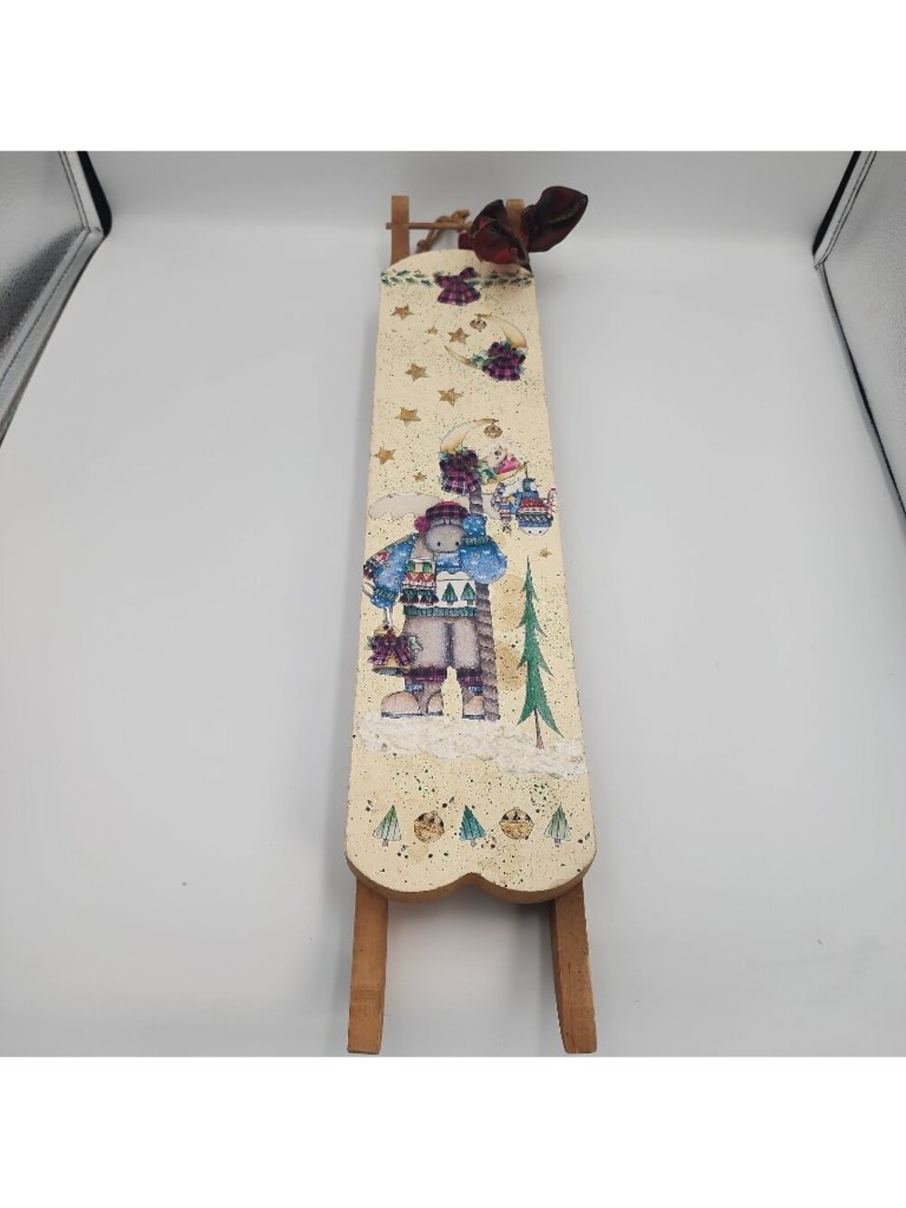 Vintage Hand Painted Wood Sled 24" Christmas Winter Moose Snowman Decor